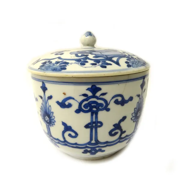 A Chinese blue and white bowl and a matching cover, Kangxi, the bowl painted with ruyi heads, flower motifs and scrolls, the cover painted with Buddhi