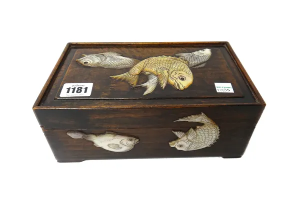 A Japanese inlaid rectangular wood box and cover, Meiji period, inlaid in mother-of-pearl on the exterior with a variety of fish, the interior with a