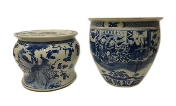 A Chinese blue and white jardiniere, early 20th century, painted with scholars in a landscape, 36.5cm. high.; and a blue and white child's garden seat