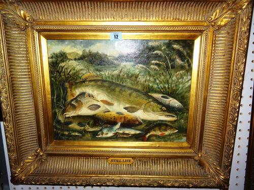 D.Green (20th century) Still life of fish, oil on canvas board, signed and dated '95, 30cm x 40cm.   M1