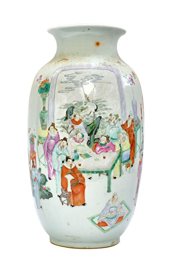 A large Chinese 'famille-rose' vase, late 19th century, painted with scholars amongst rocks and interiors, iron-red Qianlong seal mark to base, 41cm.