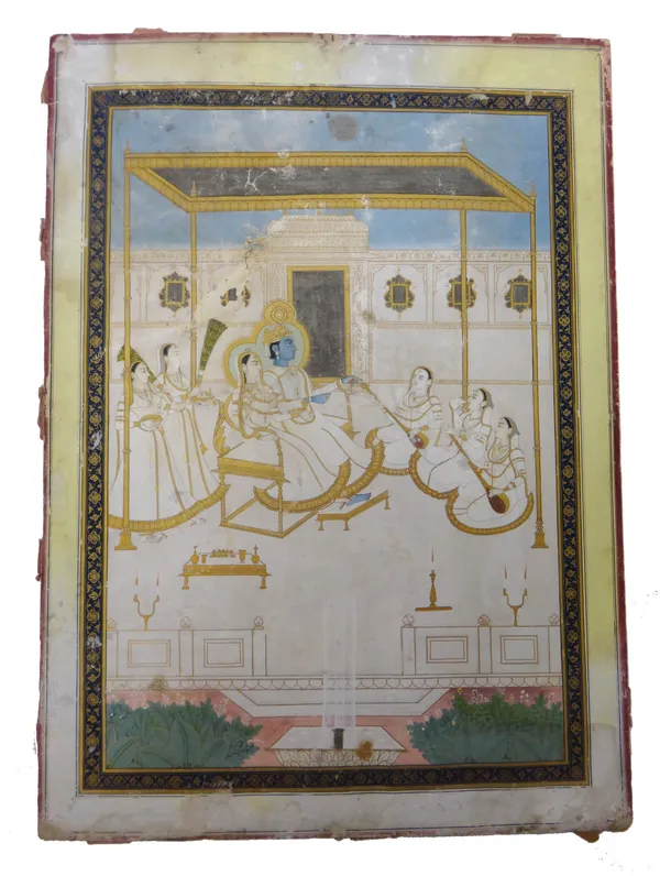 An Indian painting of Krishna and Radha enthroned, opaque pigments on paper, seated before three musicians and attendants, (a.f), painting 32cm. by 22