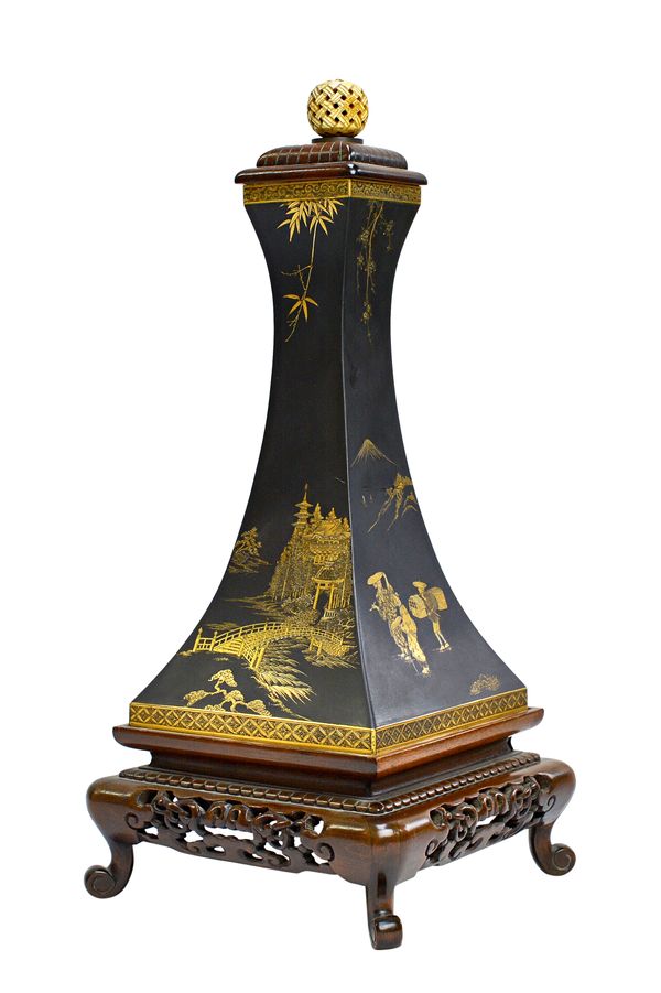 A Komai type waisted square lamp base/vase, early 20th century, of tapered square section with gilt overlay on iron,  two sides depicting travellers,