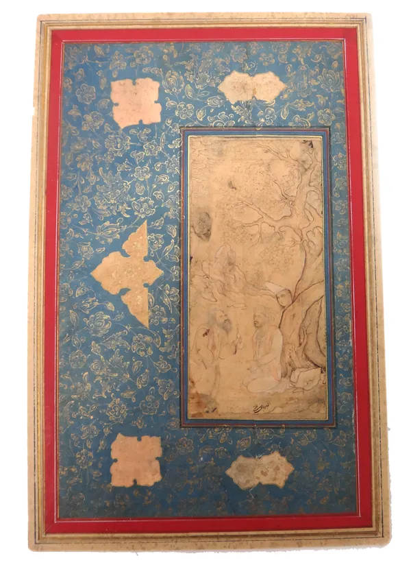 A Safavid pen and ink drawing of three figures in a landcsape, possibly 17th century, with wide blue border gilt with flowers, the reverse with lines