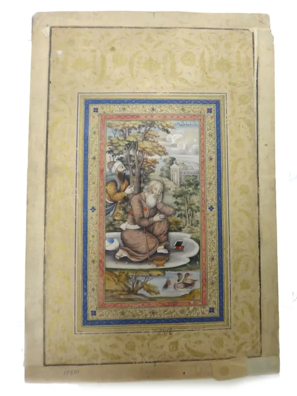 A Persian miniature of a pensive dervish, Zand, 18th century, kneeling beside a pond with ducks, a figure and tree behind and a building in the distan