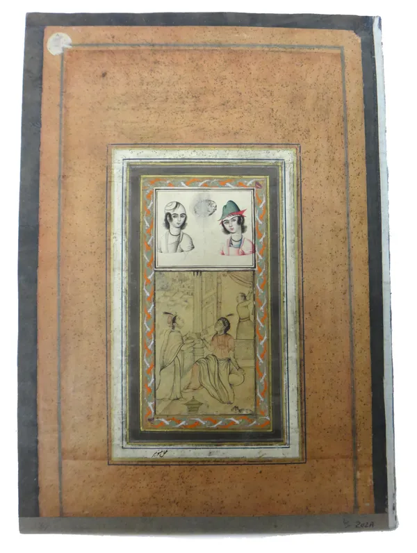 An album page, India and Persia, 17th-19th century, pen and ink on paper, painted with a princess seated on a terrace with a visitor, below a panel wi
