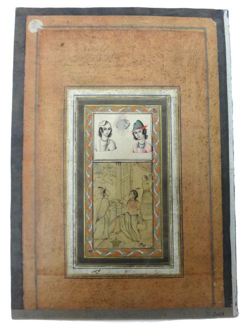 An album page, India and Persia, 17th-19th century, pen and ink on paper, painted with a princess seated on a terrace with a visitor, below a panel wi