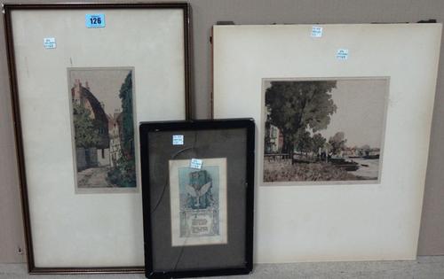 Edgar Edwin Lawrence Pattison, River scene at Kew; Rye, two colour etchings, signed and numbered, together with a further print by Robert Shield, one