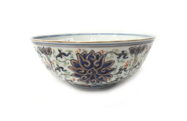 A Chinese doucai style lotus bowl, six character Guangxu mark and probably of the period, the exterior painted in underglaze-blue and enamelled with l