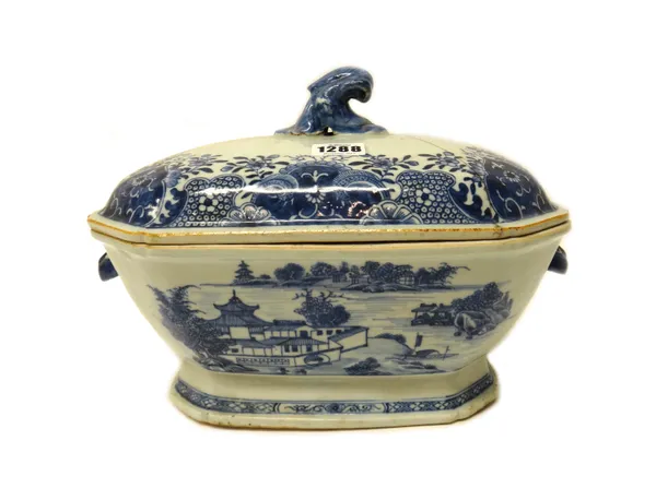 A Chinese export porcelain blue and white canted rectangular tureen and a cover, Qianlong, the tureen painted with river landscapes, set with hare's h