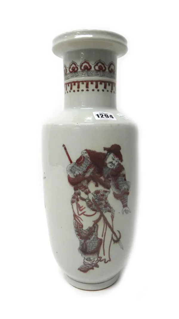 A Chinese porcelain rouleau vase, six character Kangxi mark but later, painted predominantly in iron-red with three warriors, 40cm. high.