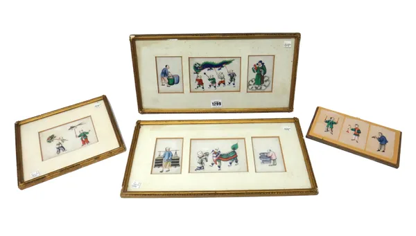 A group of ten Chinese rice paper paintings, 19th century, in for frames, painted with figure subjects, (a.f), paintings 9.5cm. by 6.5cm. to 10cm. by