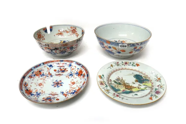 Three pieces of Chinese Imari porcelain, circa 1720-50, comprising; a bowl painted with flower sprays, 26cm.diameter; a bowl painted with flowers and