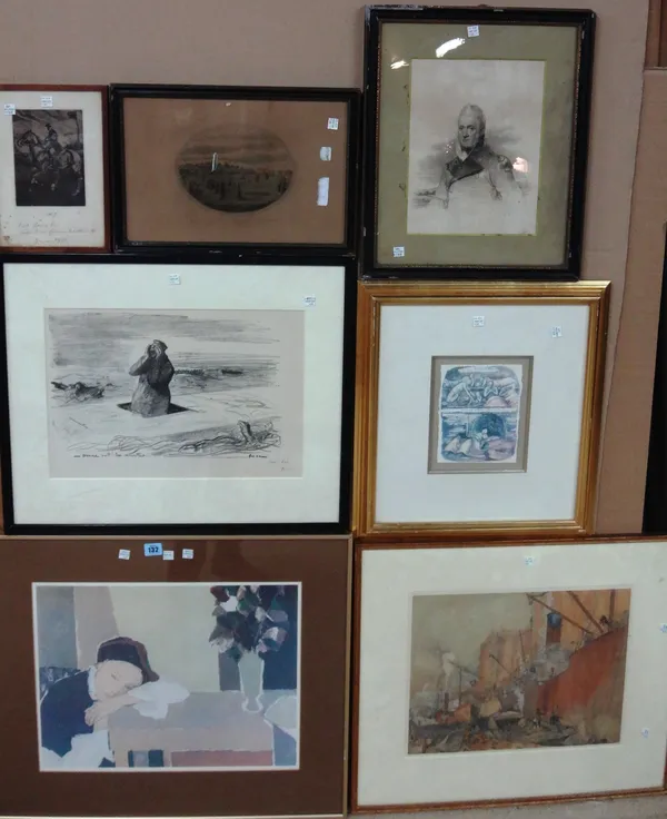 A group of assorted prints and engravings, including a French lithograph 'Bon Nuit', a ship building print, a print after Henry Moore, a print of a ma