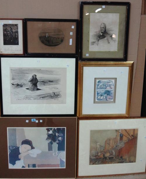 A group of assorted prints and engravings, including a French lithograph 'Bon Nuit', a ship building print, a print after Henry Moore, a print of a ma