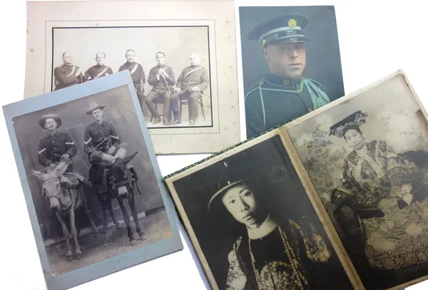 PHOTOGRAPHS - a few loose cabinet, carte de visite & some later others; also a decorated clothbound collection of Chinese portrait postcards in concer