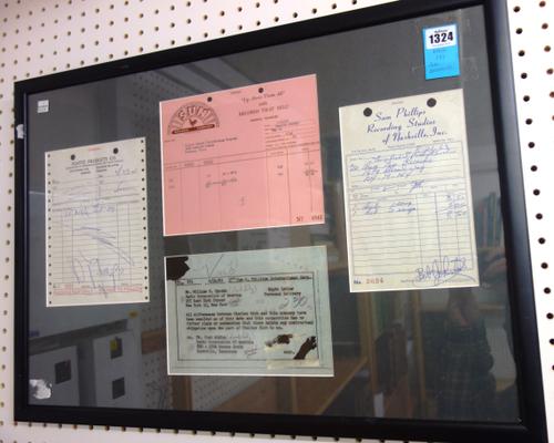 SUN RECORDS - Sam Philips framed documents relating to the record label 1950s/1960s;  48x 66cms. mounted within black frame.