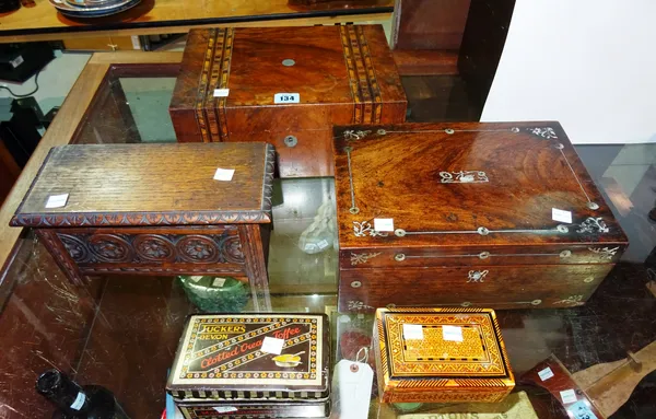 A 19th century rosewood and specimen inlaid jewellery box, lacking interior, a smaller rosewood and mother of pearl inlaid box, also lacking interior