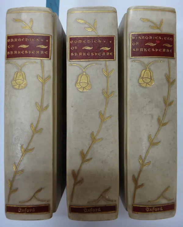 SHAKESPEARE (Wm.)  The Oxford Miniature Edition, 3 vols. frontispieces; publisher's gilt-ruled half vellum & marbled boards, gilt-decorated spines wit