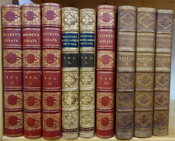 BINDINGS - Jeffrey's Contributions to the Edinburgh Review (4 vols., 1844, red half morocco); Macaulay's Miscellaneous Writings (2 vols., 1860, maroon