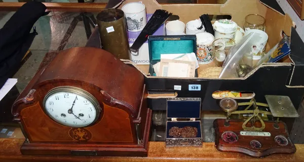 Collectables & Ceramics, including; Royal commemorative mugs, an oak overmantel clock, postal scales and sundry. (qty) CAB