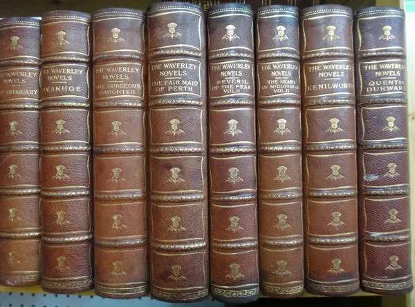 SCOTT (W.)  The Waverley Novels.  27 vols. num. engraved plates; contemp. maroon half morocco & cloth, gilt-decorated & panelled spines, gilt-tops & m