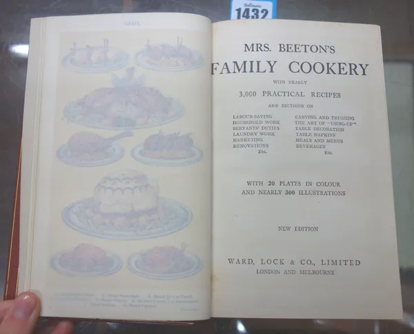 BEETON (I.)  Mrs. Beeton's Family Cookery  . . .  new edition. 20 coloured plates & other illus.; later 20th cent. blind-decorated tan morocco, gilt l