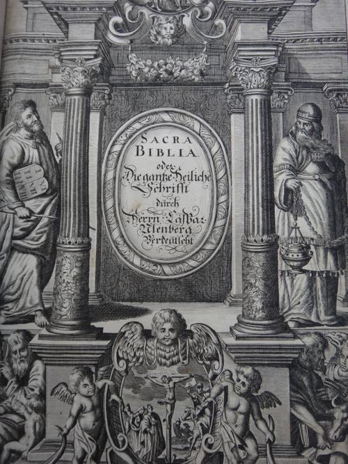 BIBLE - Sacra Biblia, das ist Die ganze Heilige Sohrift, Alten und Neuen Testaments  . . .  num. copper-engraved portraits, black-letter, separate N.T