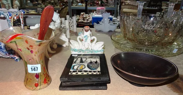 Ceramics, including; A glass fluted vase by Glass Eye USA, three soapstone plaques signed J** A**, a Danish studio pottery dish and sundry. (qty)  S3