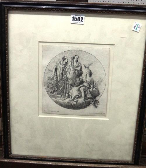 After Giovanni Battista Tiepolo, Three allegorical figures, etching, first state of two, by Giovanni Domenico Tiepolo, 17cm x 16cm.