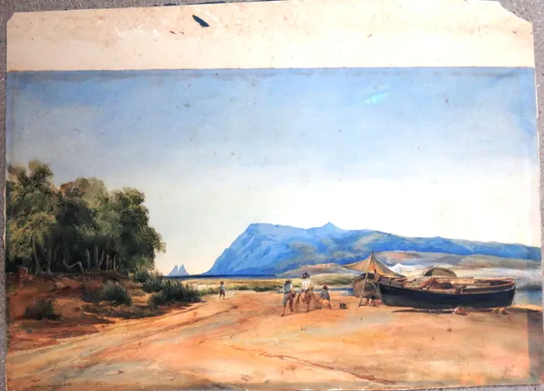 Colonial School (19th century), Mexican landscape, watercolour, indistinctly inscribed, unframed, 26.5cm x 45cm.