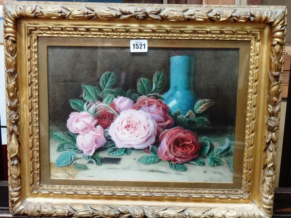 William Hough (1819-1897), Still life of roses and vase, watercolour,  signed, 25.5cm x 35cm.