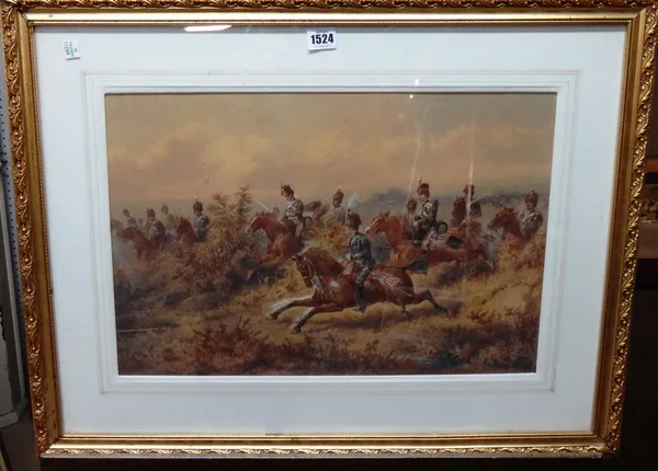 Attributed to Orlando Norie (1832-1901), A Cavalry Charge, watercolour, 33cm x 50cm.