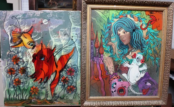 Sven Goran Svensson (b.1943), Women with Creatures; Sea Creatures, two oil on canvas, both signed, one unframed, each 61cm x 50cm.   F1