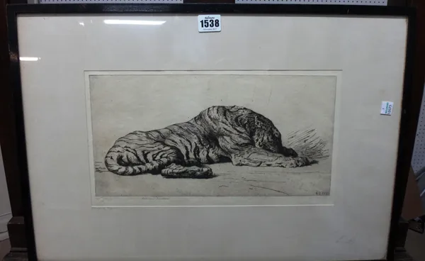 Herbert Thomas Dicksee (1862-1942), Sleeping Tigress, etching, signed in pencil, 18cm x 35cm.