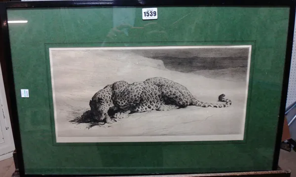 Herbert Thomas Dicksee (1862-1942), Leopard with jungle fowl, etching, signed in pencil, 20cm x 43cm.
