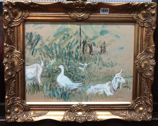 Attributed to William George Gillies (1898-1973), Goats and duck, watercolour and gouache, bears a signature, 29cm x 39cm.