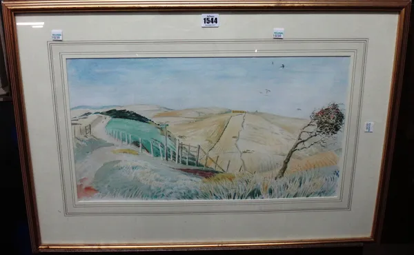 Guy Malet (1900-1973), Birds wheeling over South Downs, watercolour, signed, 28.5cm x 53cm. DDS