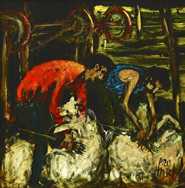 Kevin Pro Hart (1928-2006), Sheep shearing, oil on board, signed and dated '84, 30cm x 29cm.  Illustrated