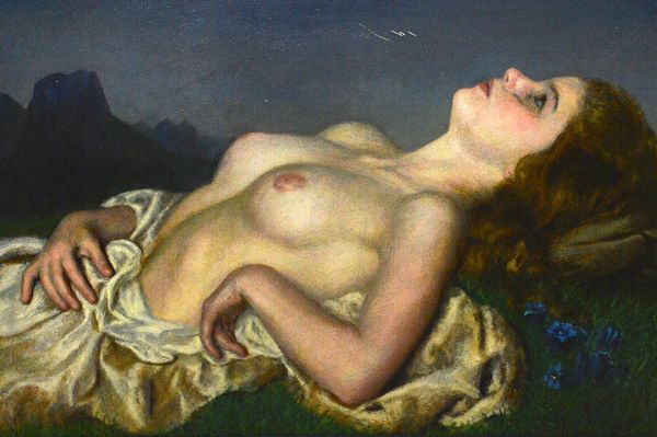Alfred Schwarzs Child (1874-1948) Reclining female nude, oil on board, signed and dated 1934, 62cm x 86cm. DDS  Illustrated