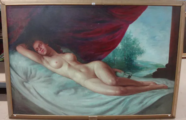 Continental School (20th century), Le Desir une rev du Georges: Reclining female nude, oil on canvas laid on board, 121cm x 181cm.