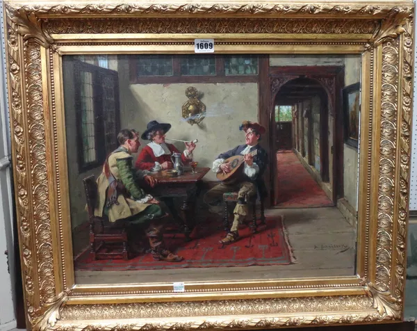Albert Schroder (1854-1939), Three men with mandolin player, oil on canvas, signed and inscribed Mn, 38cm x 48cm.
