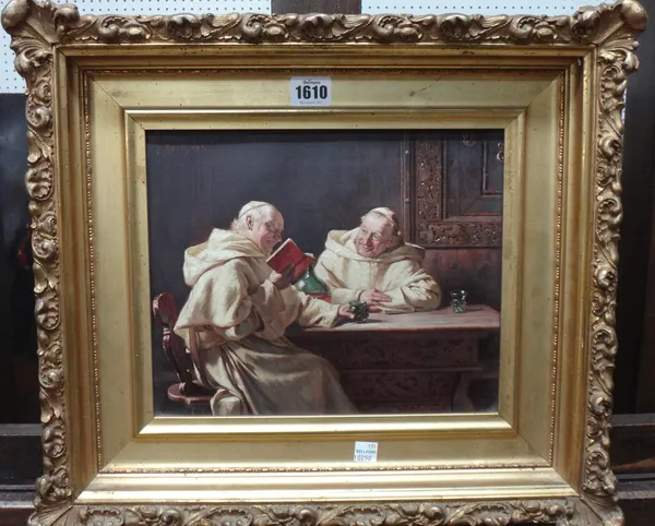 After Edward Grutzner, Monks reading, oil on canvas, bears a signature, 22.5cm x 27cm.