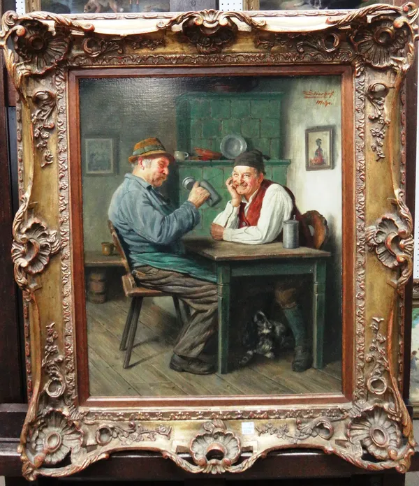 Ernst Stierhof (early 20th century), Peasants drinking in a tavern, oil on panel, signed and inscribed Mchn, 49cm x 39cm.