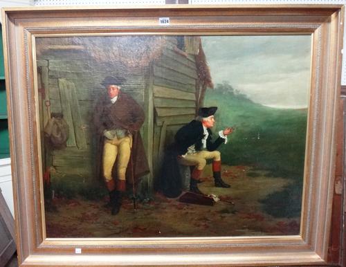 Attributed to Heywood Hardy (1843-1933), Before the duel, oil on canvas, bears a signature and date, 67cm x 87cm.  Illustrated