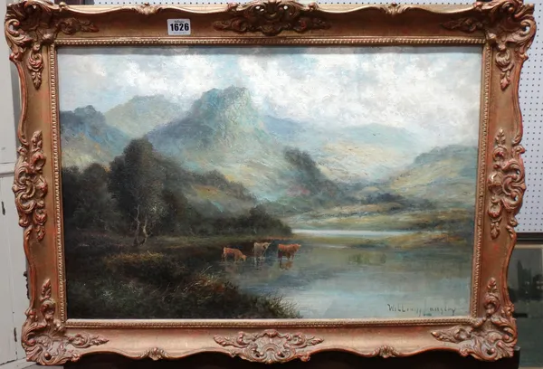 William Langley (1852-1922), Loch scene with highland cattle watering; river scene at sunset, a pair oil on canvas, both signed, each 40cm x 60cm.