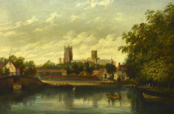 Circle of Alfred Vickers, Ely Cathedral from the river, oil on canvas, indistinctly signed, 50cm x 75cm.  Illustrated