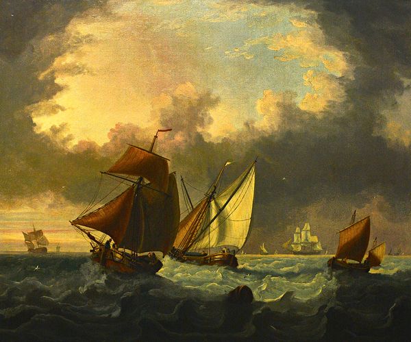 Circle of Charles Martin Powell, Vessels in a squall, oil on canvas, bears a signature and date, 62cm x 75cm.  Illustrated