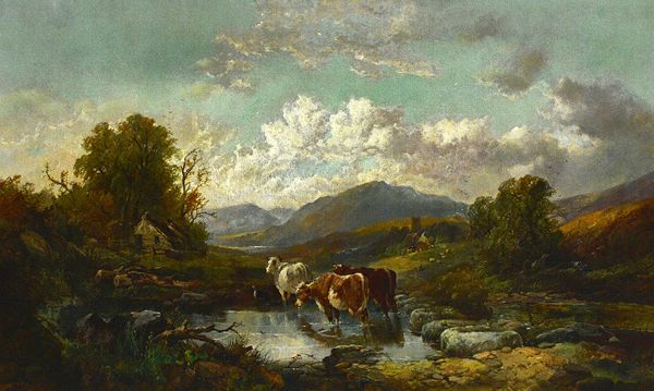 Joseph Horlor (1809-1877), Landscape with cattle watering, oil on canvas, signed, 75cm x 125cm.  Illustrated