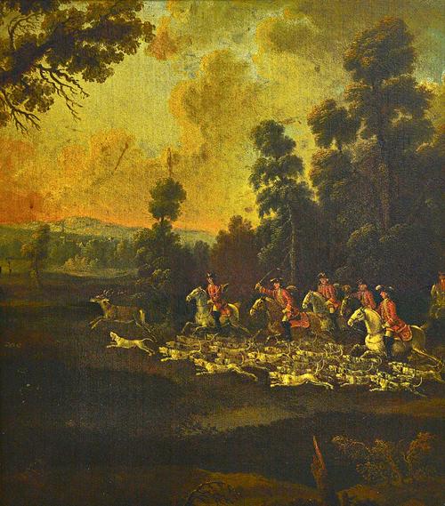 Follower of John Wootton, A stag hunt, oil on canvas, 57cm x 50cm.  Illustrated